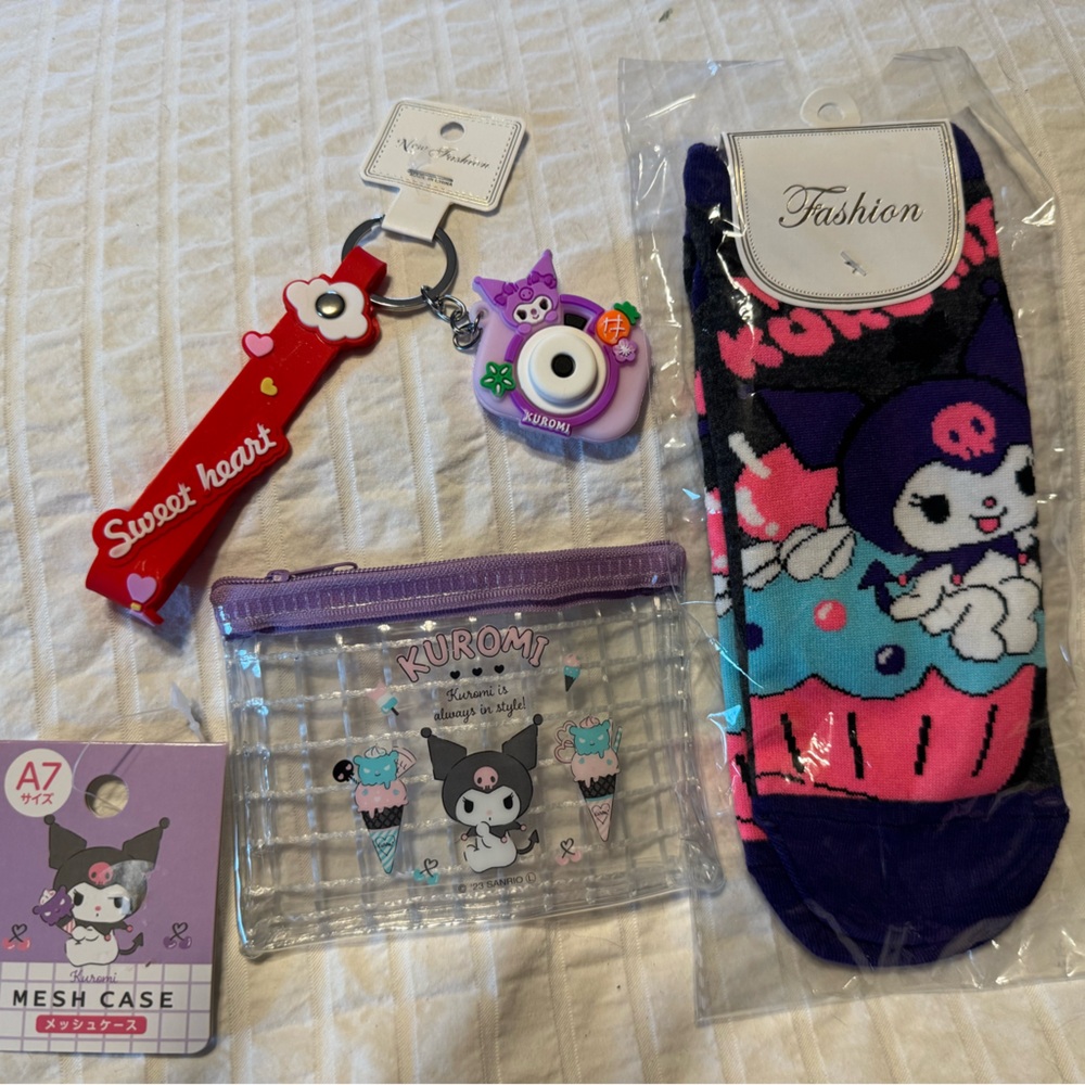 Sanrio Kuromi Bundle From Hello Kitty 50th Anniversary-Pouch, Keychain, & Socks